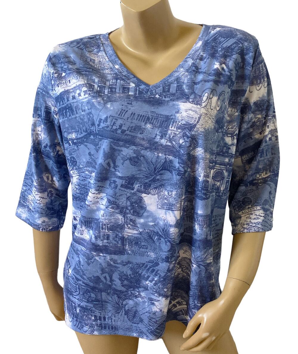 Bon Worth T Shirt Womens Petite SP Blue Italy Travel Graphic V Neck 3/4 Sleeve